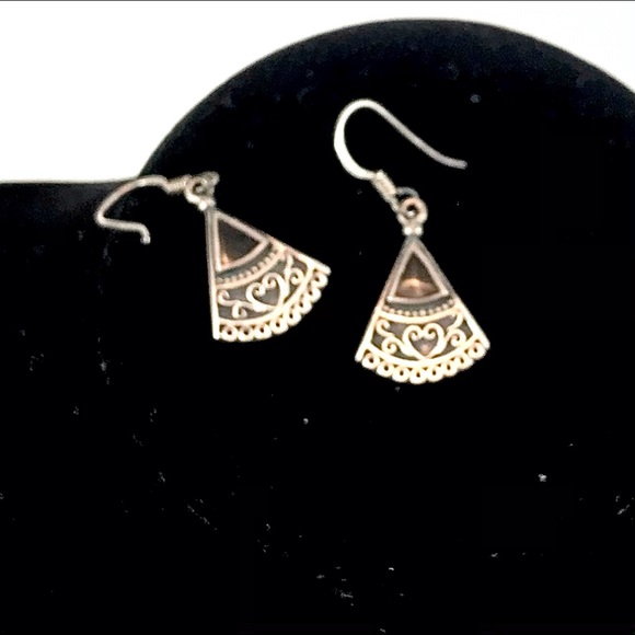 Vintage 925 Silver & Onyx Fan Shape Drop Earrings - Picture 3 of 7